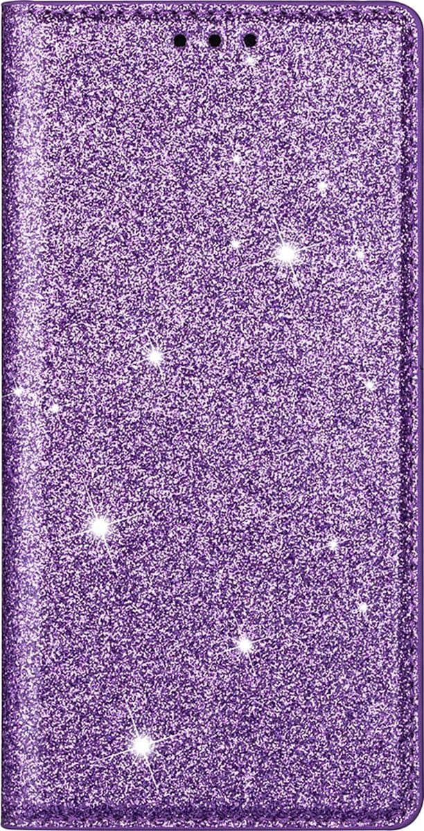 Hoesje geschikt voor iPhone 16 Plus - Bookcase - Pasjeshouder - Portemonnee - Glitter - TPU - Paars