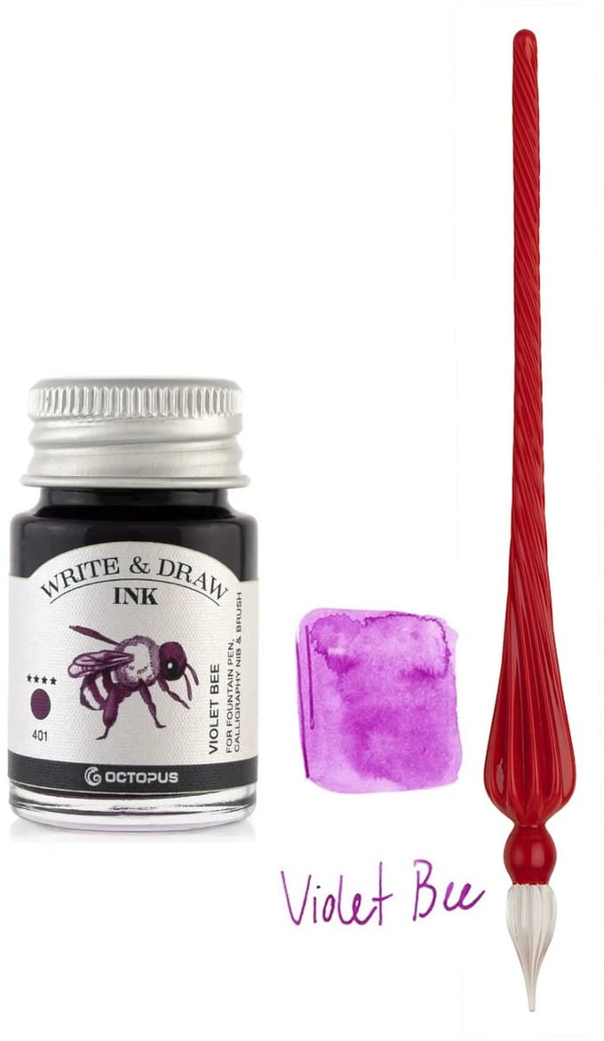 Glaspen - Glazen Dip Pen set in doosje - Rood - Potje Octopus inkt violet bee