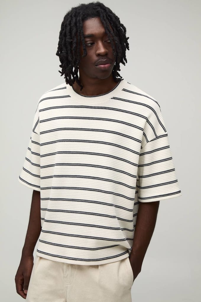 Oversized Boxy Gestreept Wafel T-shirt | Ecru | Size Medium