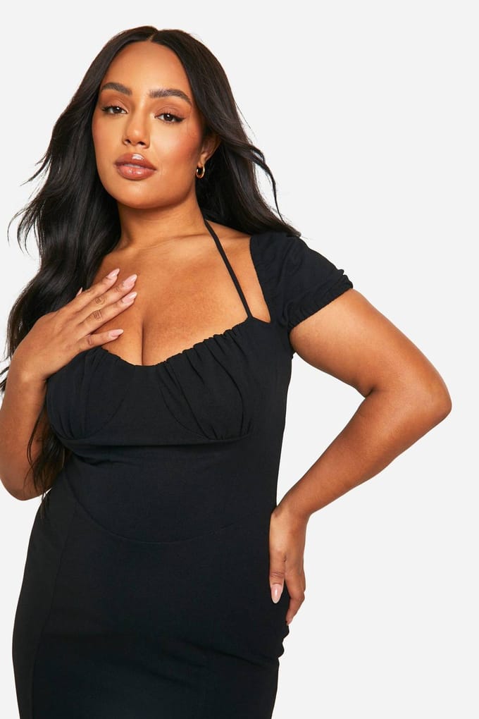 boohoo Dames Plus Pofmouw Midi Jurk | Zwart | Maat: 56