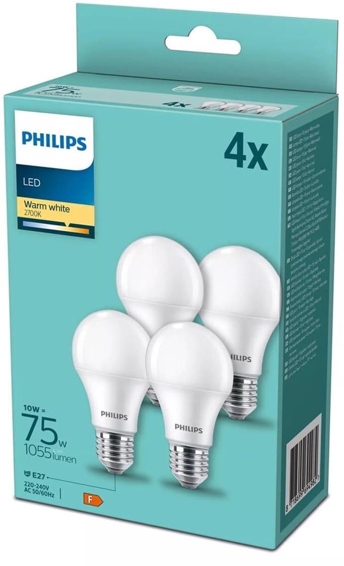 Philips CorePro LEDbulb A60 E27 10W 2700K 1055lm 230V - 4-Pack - Warm Wit