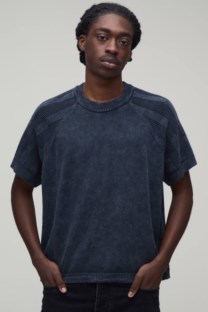 Boxy Fit Acid Wash Geribbeld Gebreid T-shirt | Charcoal | Size Medium
