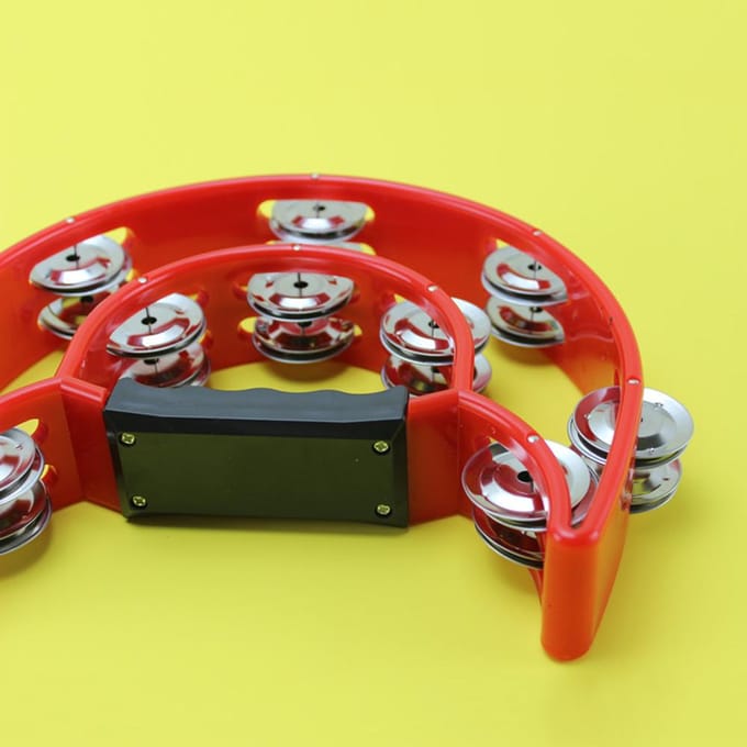 Dubbele rij draagbare tamboerijn metalen jingles draagbare plastic muzikale percussie trommel halve maan