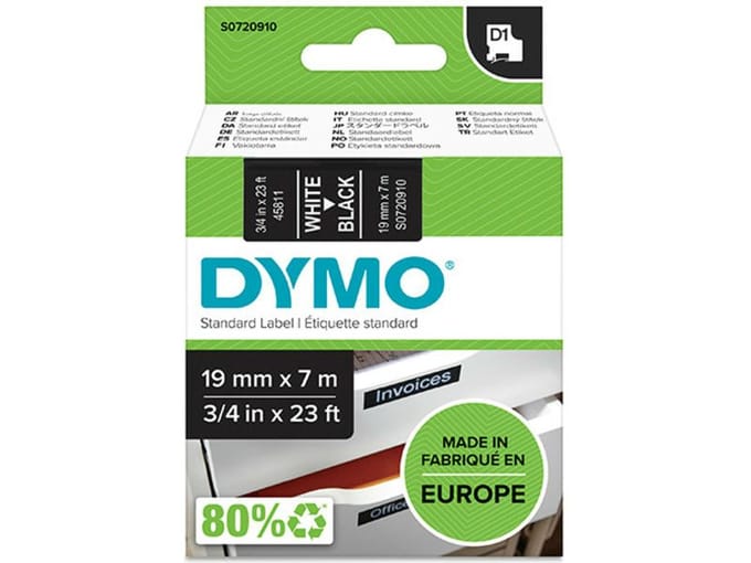 DYMO D1 Labels Wit Print on Zwart 19mm x 7m Self-Adhesive Labels for LabelManager Label Printers Authentic