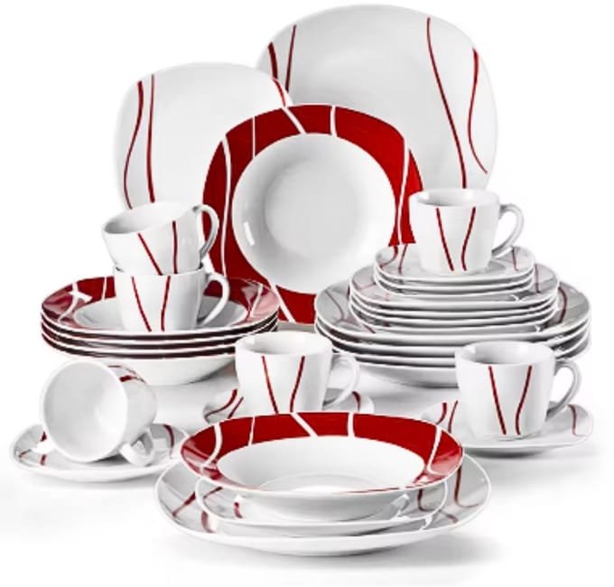 Lavish Serviesset – 6 persoons – 30 delig – Rood wit Keramisch – Dinerborden – Ontbijtborden