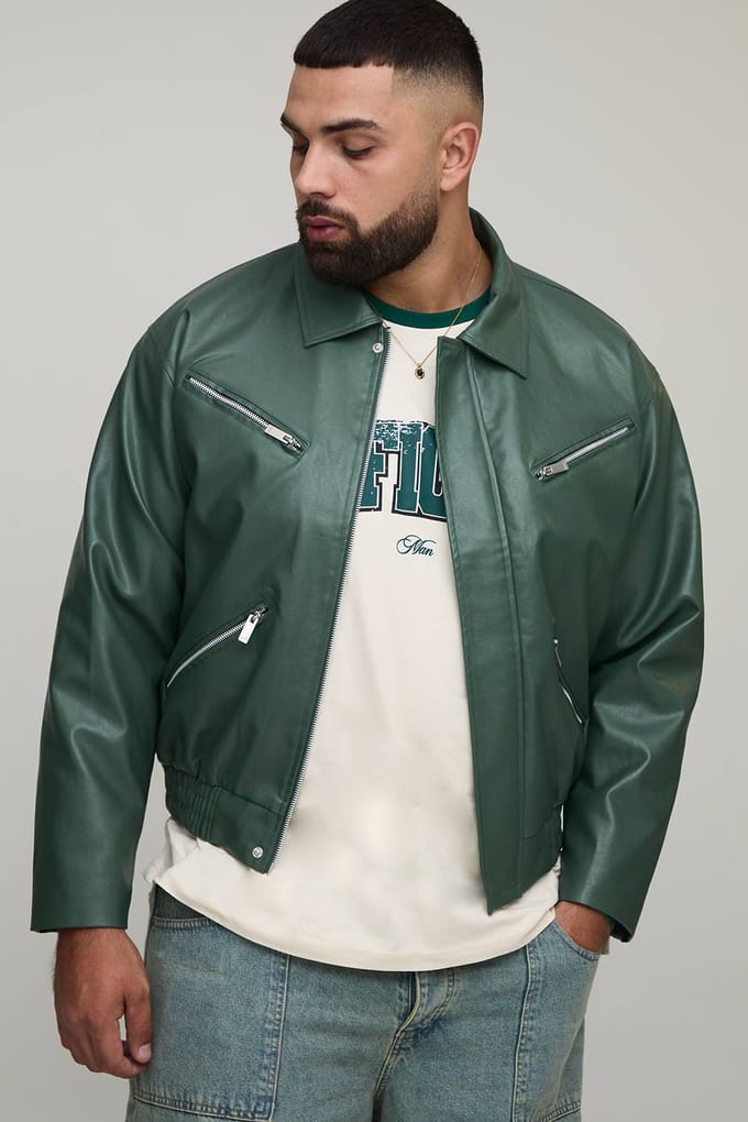 Plus Boxy Fit Zip Detail PU-gekleurd Bomberjack | Green | Size 2XL