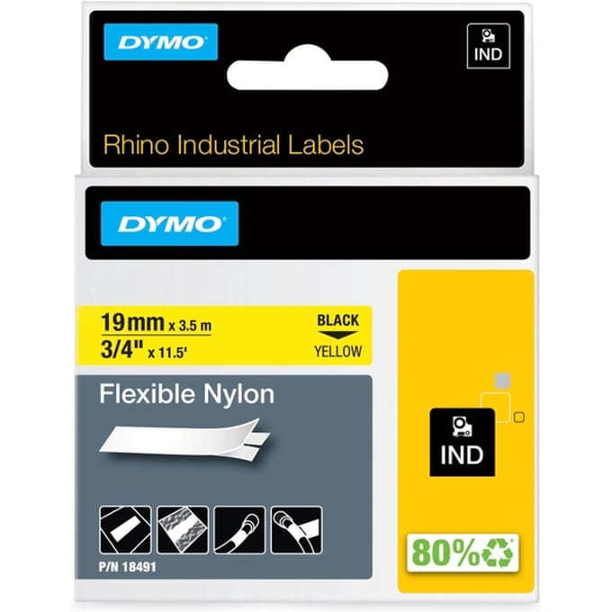 DYMO Rhino industriële Flexibele Nylon Labels | 19 mm x 3,5 m | zwarte afdruk op geel | zelfklevende labels voor Rhino & LabelManager labelprinters