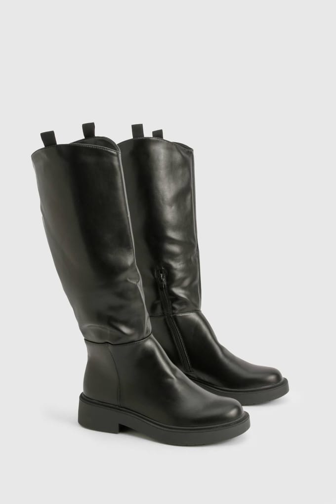 boohoo Dames Tab Detail Kniehoge Laarzen | Black | Maat: 3