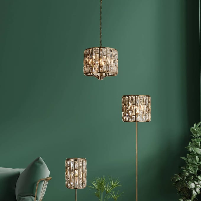 Searchlight Bijou hanglamp, 3-lamps, messing, kristalglas