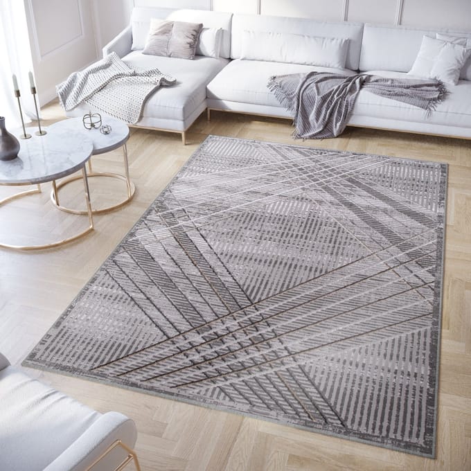 Tapiso Crystal Vloerkleed Donkergrijs Lijnen 3D Effect Tapijt Maat- 140x200