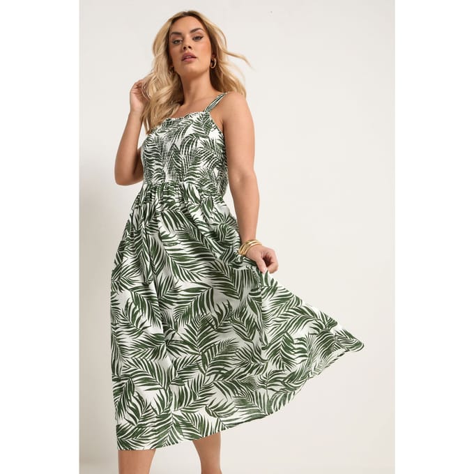 Yours Groene Linnen Maxijurk Met Smokwerk En Palmbladprint Size 58-60