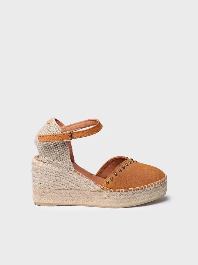 Dames leren espadrille met sleehak en studs | MANILA