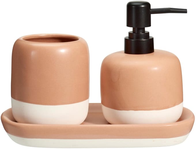 Bathroom Solutions Zeeppompje / dispenser met drinkbeker Messina - roze - kunststeen - 12 x 22 x 15 cm