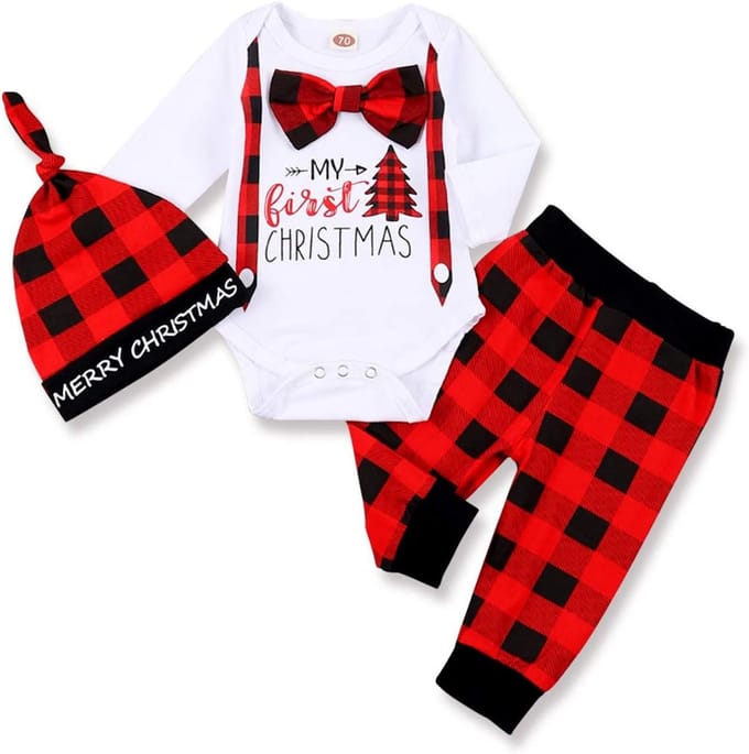 Babyset Jongens Eerste Kerstmis Rompertje en Geruite Broek met Hoed