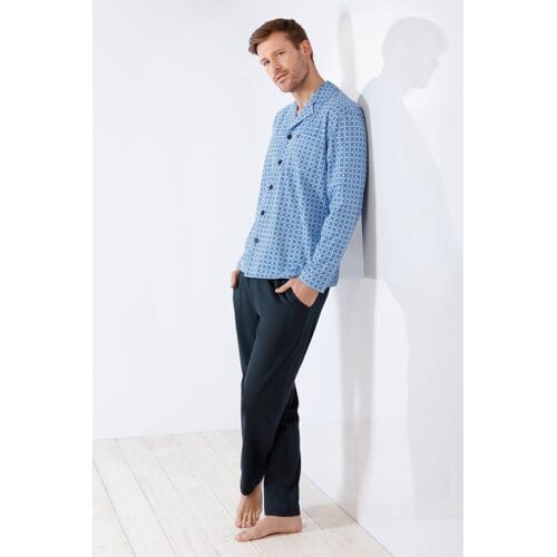 Blauwe doorknoop heren pyjama Hajo - Blauw - Maat - 48