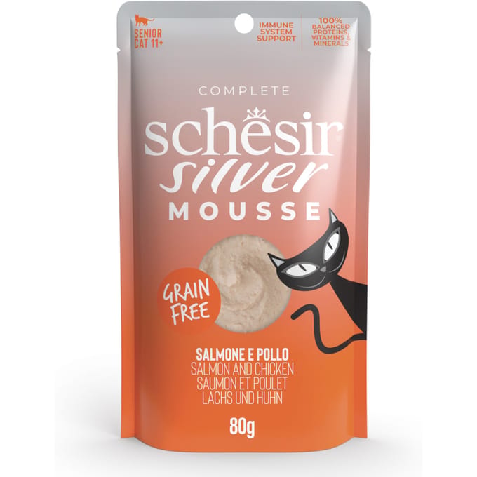 12x80g Schesir Silver Mousse zalm en kip kattensnacks