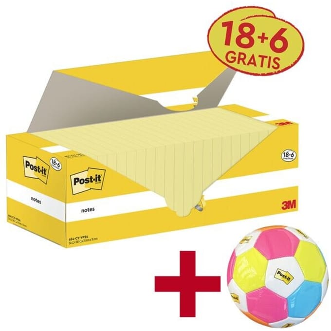 Post-it® sticky notes Notes 654-CY-VP24, B 76 x D 76 mm, PEFC® papier, geel, 18 + 6 pads gratis, 100 vellen/pad