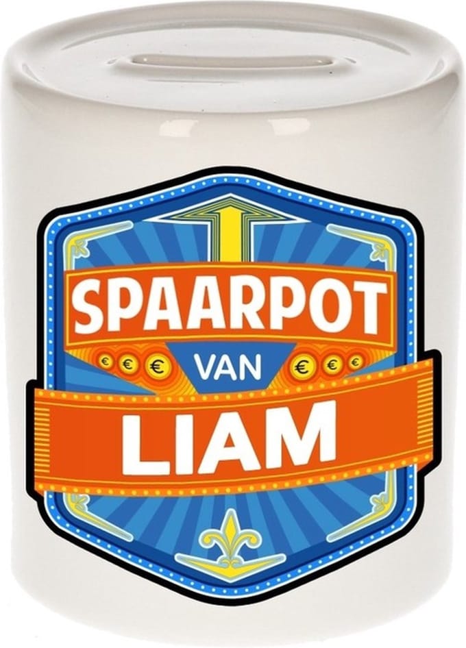 Bellatio Decorations Kinder spaarpot met naam - Liam - keramiek - met dop - wit - Sparen - Spaargeld van Liam