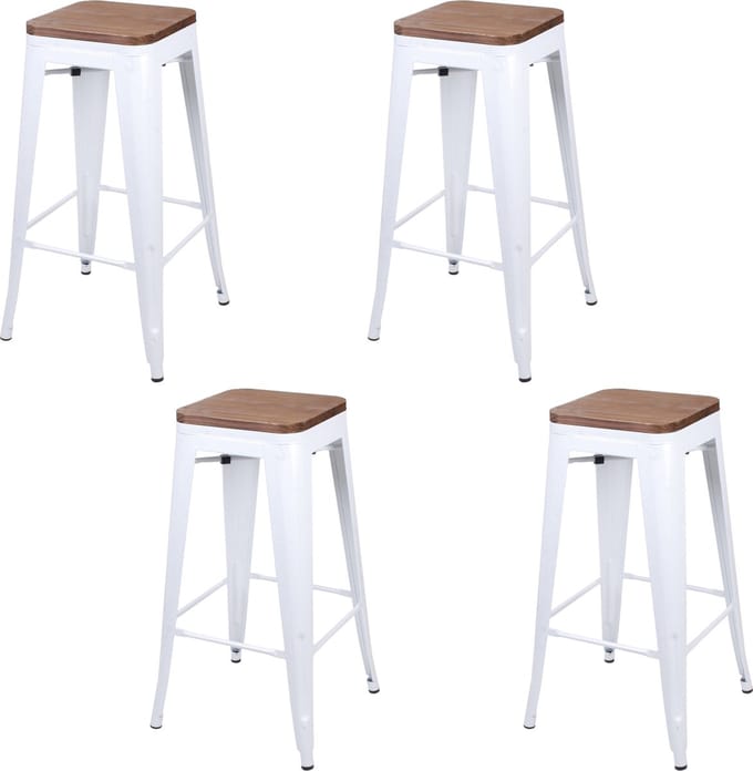 SET X 4 BARKRUKKEN IN MAT WIT METAAL MET HOUTEN ZITTING 42,5X42,5X77CM