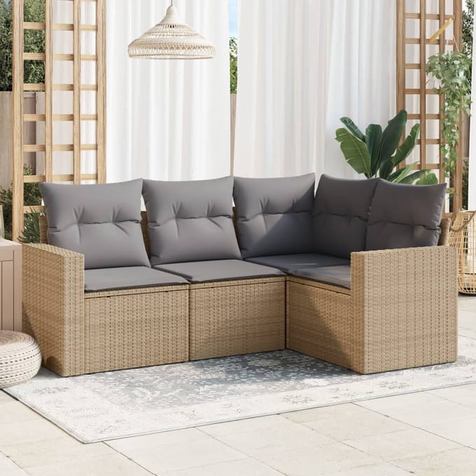vidaXL - 4-delige - Loungeset - met - kussens - poly - rattan - beige