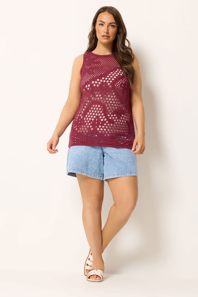 Yours Bordeauxrode Gebreide Top Met Stikdetails Size 50-52