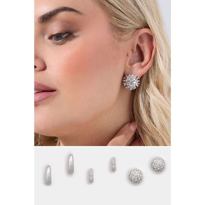 Yours 3Delige Set Zilverkleurige Gemengde Stud En Hoepeloorbellensize One Size