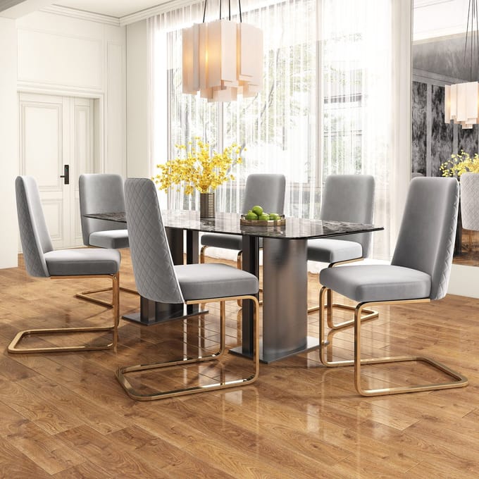 MODFU - Eetkamerstoelenset - Ruitstiksel - Modern - Voor Eetkamer - Fluweel - Grijs