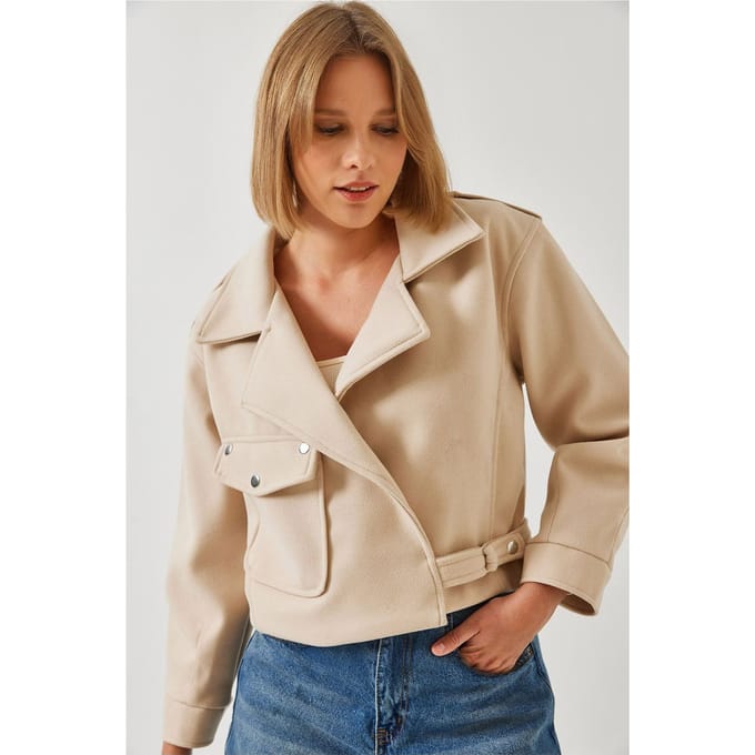 Korte Gabardine Jacket met Knop en Zak