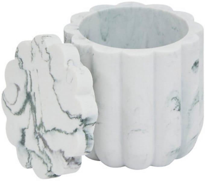 Marby Wattenschijfjeshouder Wit - Marmerlook - Polyresin - Diameter 9,1 cm x Hoogte 9,6 cm - Wattenhouder
