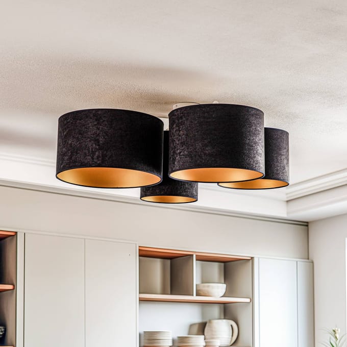 Euluna Lodge plafondlamp, 4-lamps, zwart/goud