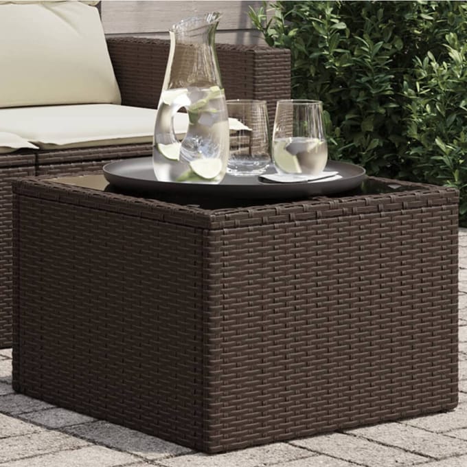vidaXL - Tuintafel - met - glazen - blad - 55x55x37 - cm - poly - rattan - bruin