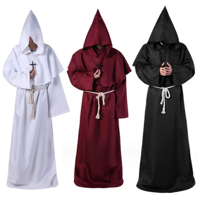 4 pièces/ensemble Halloween cape costume médiéval moine robe magicien Cosplay danse tissu cape avec drapé solide grand chapeau collier taille Ro S café