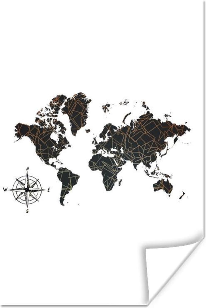Poster - Wereldkaart - Brons - Kompas - 80x120 cm