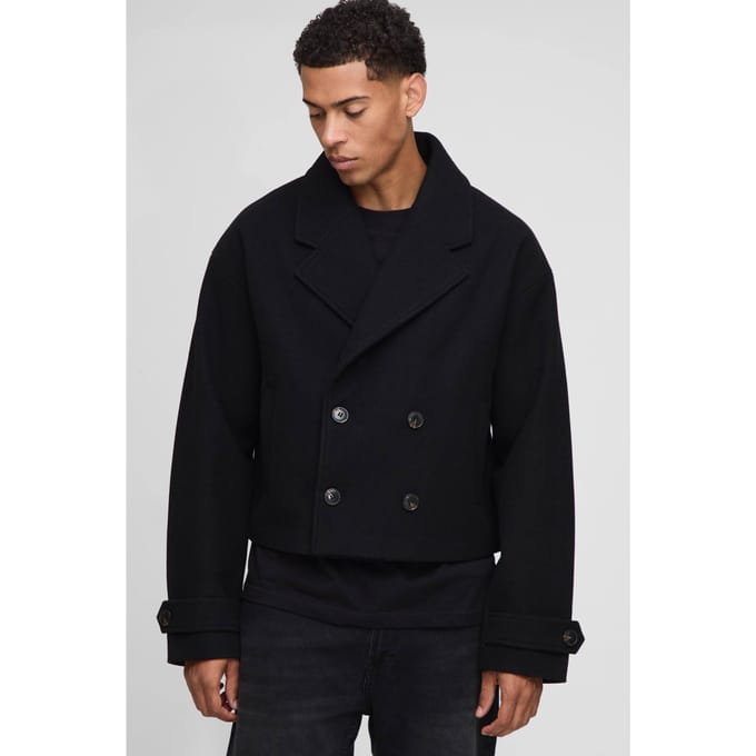 Dubbelgebreide Afgekorte Melton Overcoat | Black | Size Medium