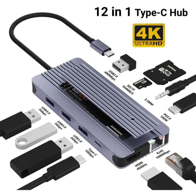 12-in-1 M.2 SSD Behuizing Hub USB C Docking Station USB Hub TYPE C naar HDMI Adapter 4K60Hz 1000Mbps PD100W USB3.0 Voor Macbook gray