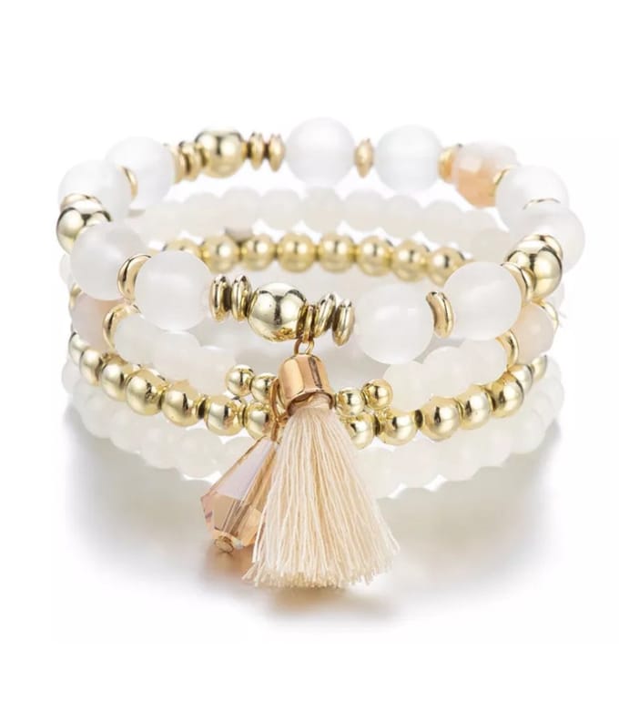 Armbandenset 4 stuks – Dames Mode Boho - Multilayer Kristal Kralen - Dames-Lady Elastische - Wit - Valentijnsdag - Verjaardag - Cadeautjes