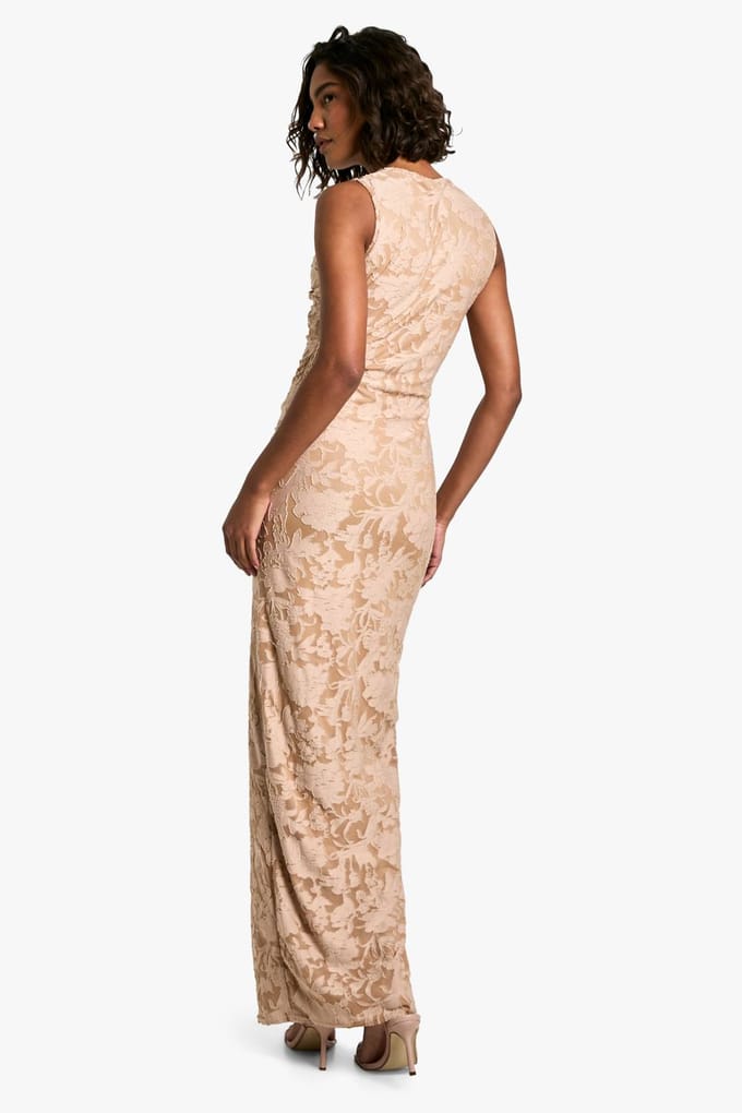 boohoo Dames Lange Burnout Bloemen Tie Twist Maxi-jurk | Camel | Maat: 36
