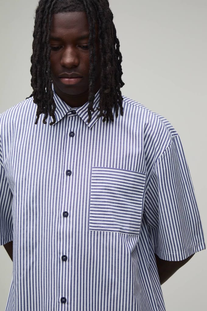 Oversized Halfmouw Gestreept Overhemd | Navy | Size XS