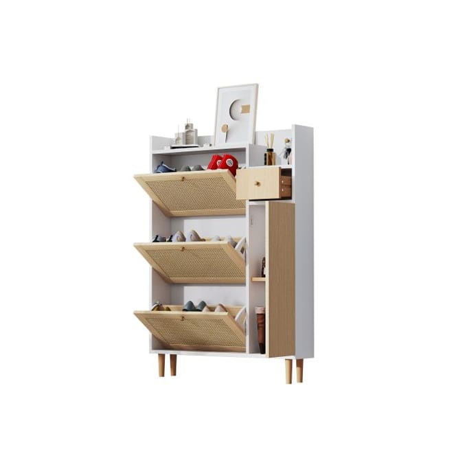 Meuble à chaussures - MUVOE - 3 portes - Bois massif - 1 tiroir - Beige