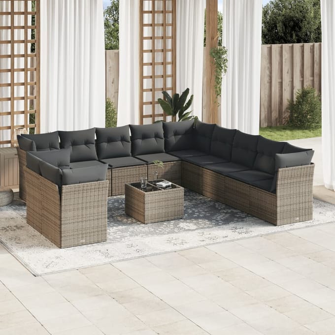 vidaXL - 12-delige - Loungeset - met - kussens - poly - rattan - grijs