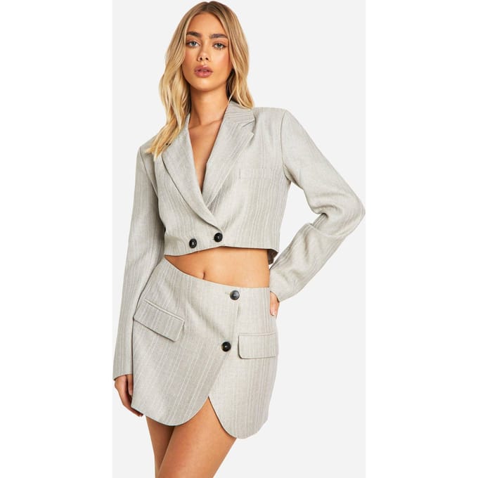 boohoo Dames Premium Pinstripe Wrap Front Micro Mini Rok | Stone | Maat: 8