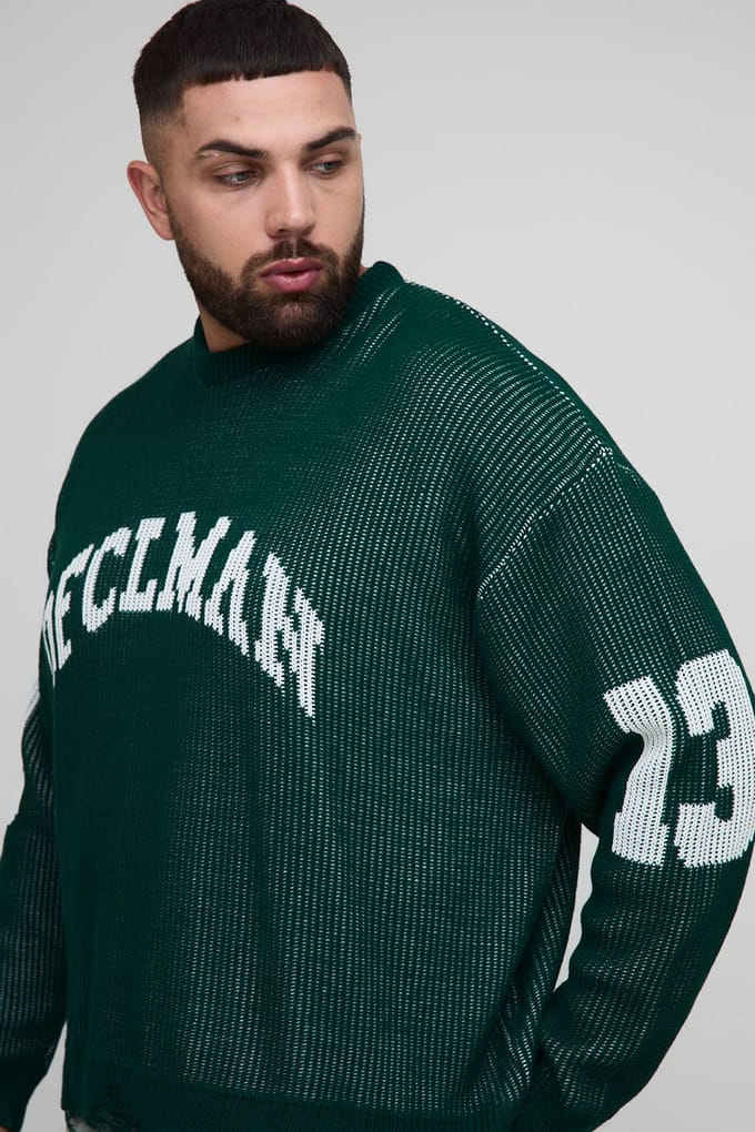 Plus Ribbed Knit Oversized Distressed Varsity Jumper | Forest | Size 2XL