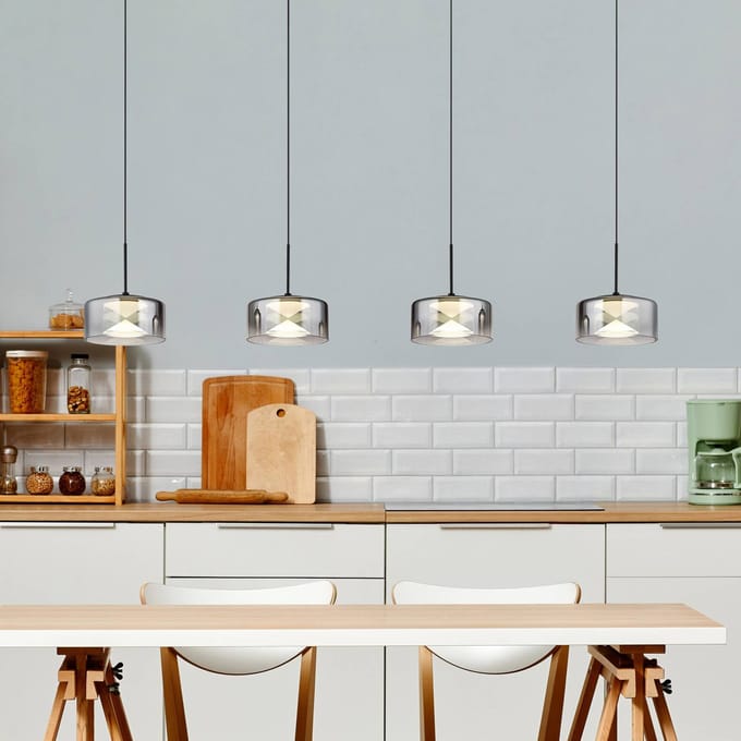 Globo LED hanglamp Belinda, lengte 105 cm, rookgrijs, 4-lamps.