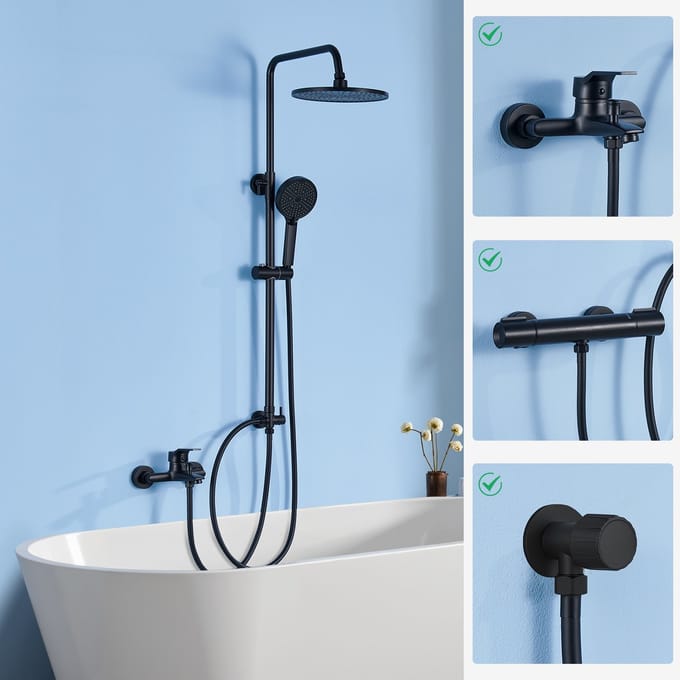 Auralum Max Luxe Regendoucheset - Douchesysteem met Messing Omstelkraan - Mat Zwart - Ø 25 cm Rond - Multifunctionele Handdouche
