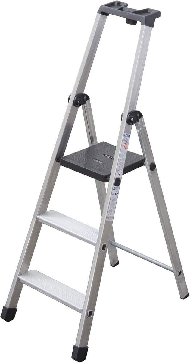 Opstapladder Aluminium - Treden Krukje - Veilig Klussen - Drie standen - 138 cm gesloten - Zilver