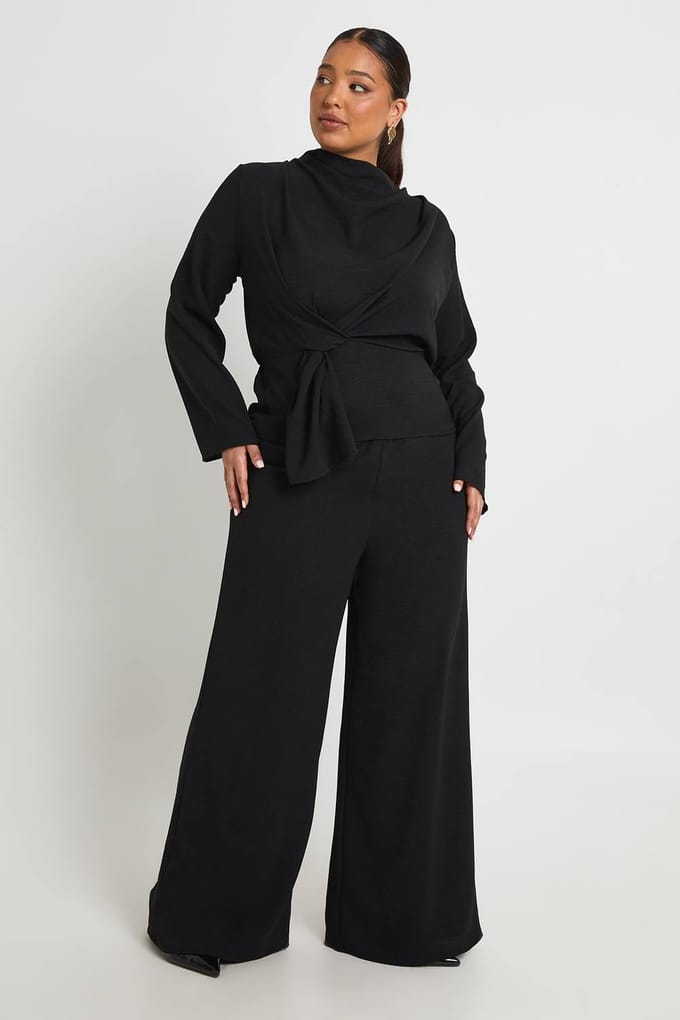 boohoo Dames Plus Geweven Draperende Lange Mouw Blouse & Broek Co-Ord | Zwart | Maat: 48