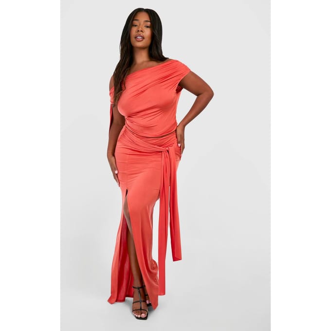 boohoo Dames Plus Tie Front Bodycon Maxi Rok | Oranje | Maat: 54