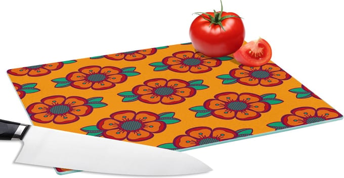 Glazen Snijplank - 28x20 - Design - Retro - Rozen - Oranje - Snijplanken Glas