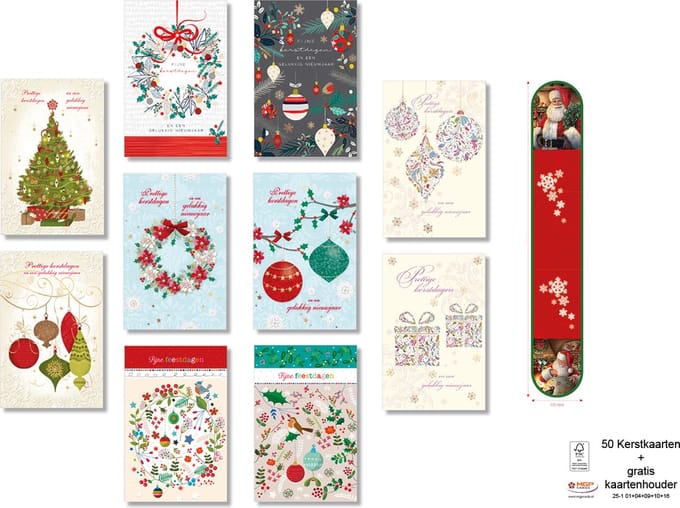 MGPcards - 50 Luxe dubbele Kerstkaarten & gratis Kaartenhouder - Foliedruk - Witte envelop - Kerst & Nieuwjaar - 10.5 x 16 cm