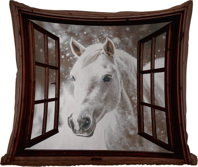 Buitenkussen - Doorkijk - Paard - Wit - Winterlandschap - Sneeuw - 45x45 cm - Weerbestendig